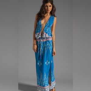 Indah River Batik Maxi Dress Blue Boho Open Back Size Medium